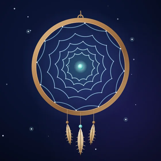 The DreamCatcher app icon: a round wooden dreamcatcher with a pale web and a glowing bead at its centre, three feathers hanging below, on a dark starry sky.