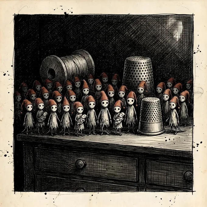 A pen-and-ink drawing of dozens of small grey Murkmares in rust-red hats crowded on a dark dresser between a cotton reel and two thimbles.